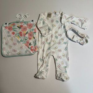 0-3M Baby Girls Layette Set | Footie Pajamas + Bow Headband + 30" x 30" Blanket